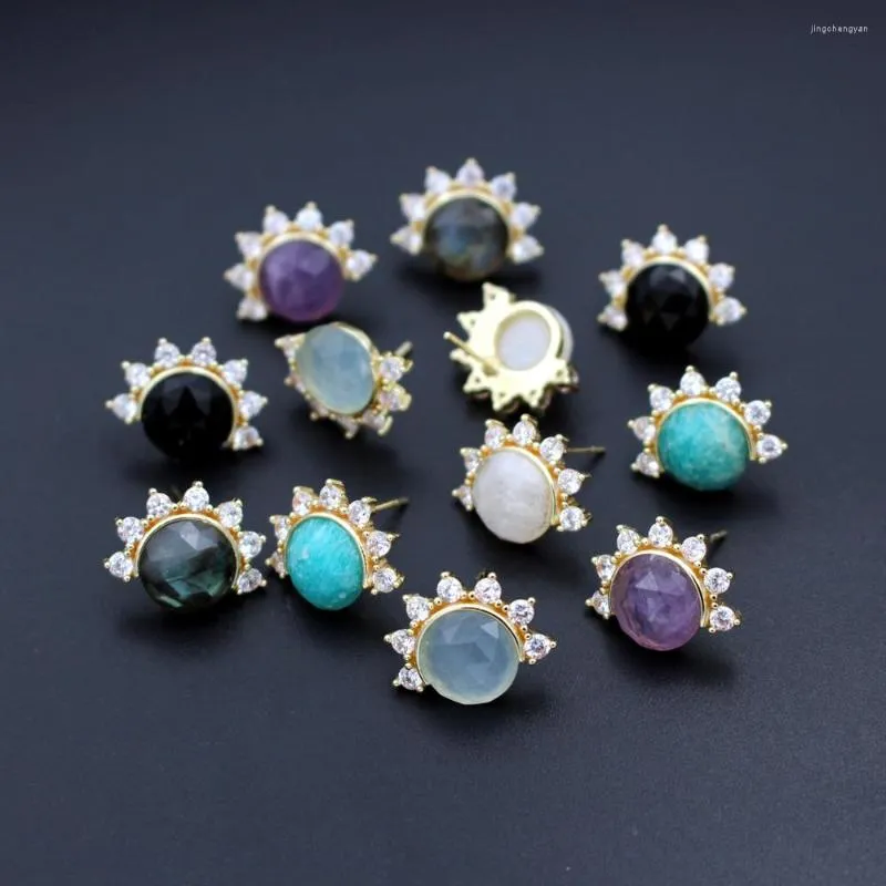 Dingle ￶rh￤ngen 6Pair Gold Plated Stud CZ PAVED SUNBURST VIT Jade Amethyst Blue Amazonite Stone Women Jewelry