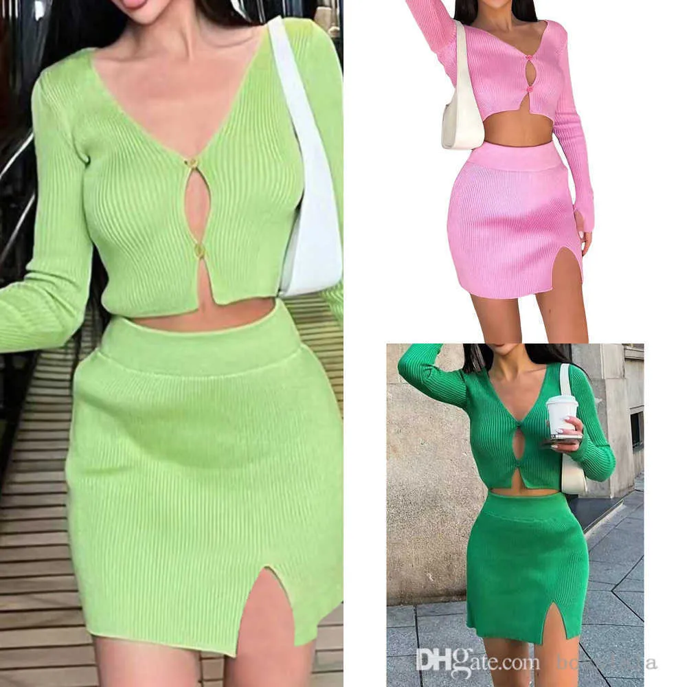 New Women Two Piece Dress Set Solid Color Knitted Long Sleeve Sweater Crop Tops And Split Hip Wrap Skirt Suit