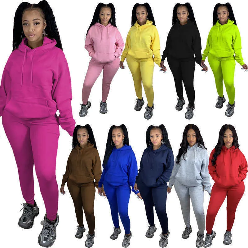 Women's Tracksuits Fall Winter Womens Plus Size Clothing Fleece 2 Two Piece Outfits Set Hooded Sweatshirt Pocket Sweater Leggings Trousers Sweatsuit