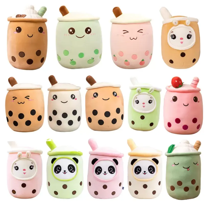 Kawaii Small -formaat Cartoon Bubble Tea Cup Peluche Toys grappig Boba kussen gevulde zachte aardbeien Panda Milk Tea Cushion Baby Gift GC1117
