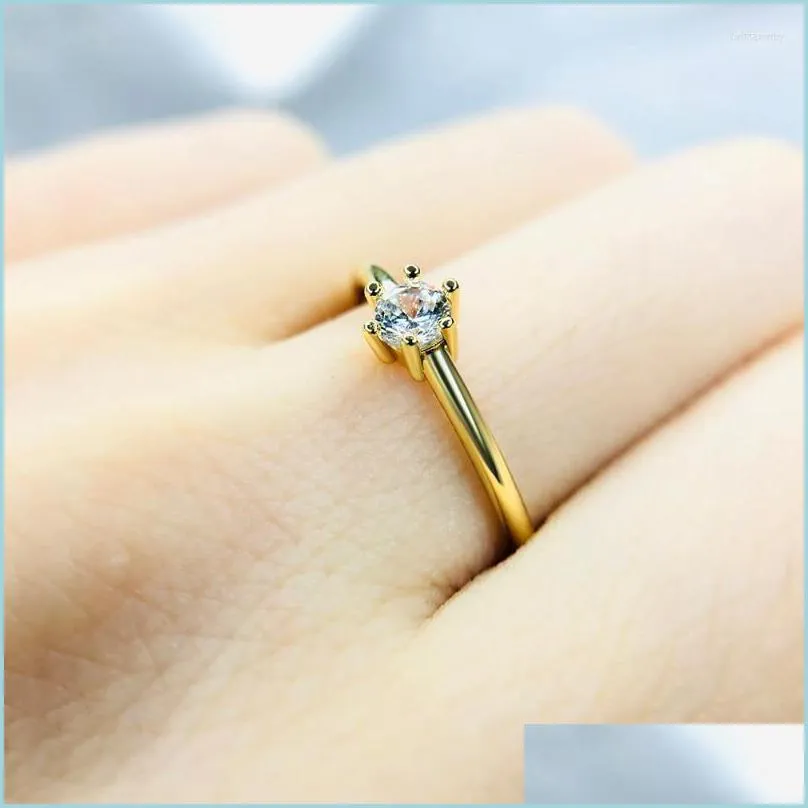 Fedi nuziali Fedi nuziali Sposa per le donne Mini Carino Oro giallo Colore Zircone Fidanzamento Anello sottile Gioielli Gioielli all'ingrosso R112W Dhjzb