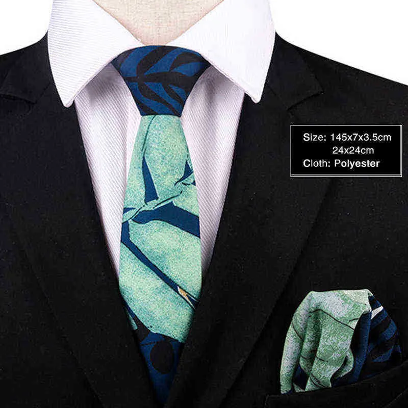 Nuevo diseño de 7 cm de bolsillo marrón verde cuadrado y juego de corbata para hombre pañuelo de impresión delgada Tie Polyester traje de hombres Boda de negocios J220816