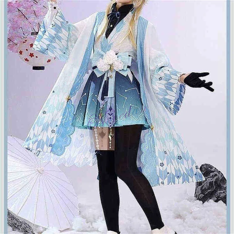 Anime Costumes Game Genshin Impact Lumine Doujin Cosplay Cold Taisho Lolita Kimono Dress Women Halloween Travellers Lumine Cosplay Cold J220915