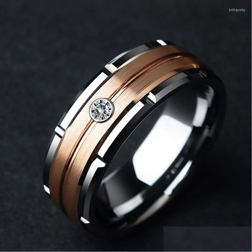 Trouwringen Weddingringen mode 8mm heren dubbele groove afgeschuinde stalen ring rose goud geborsteld inlay zirkoon band sieraden cadeau druppel dhius