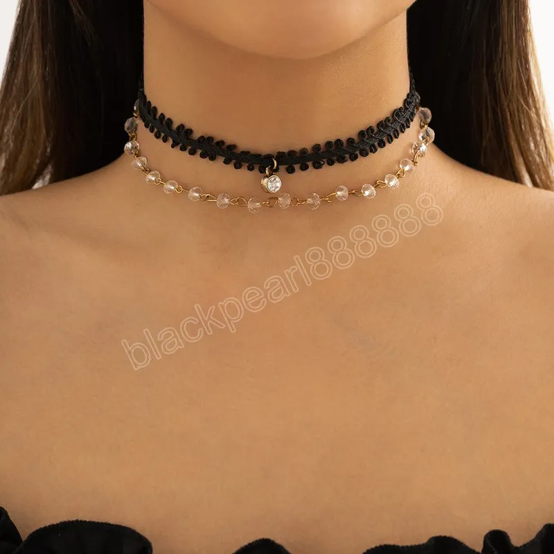 Chaîne de corde noire avec collier ras du cou court en cristal pour femmes collier de chaîne en couches à la mode bijoux de mode accessoires cadeaux