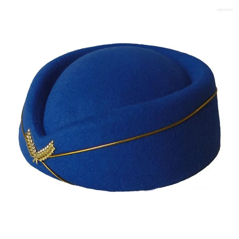 Berety kobiety naśladowanie Fel Fel Cap Ladies Pillbox Hats with Gold Insignia Solid Beret Stewardess Air Hostesses Hat Base Sweet Fedoras