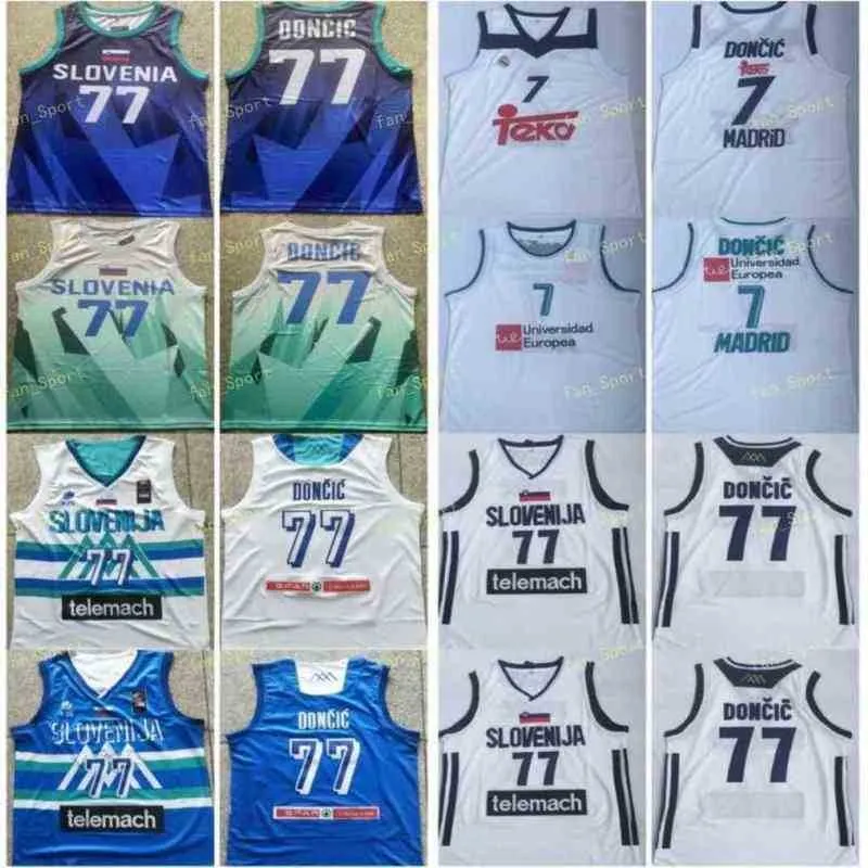 Mens 2021 New Slovenia Luka Doncic #77 Basketball Jerseys Blue Unicersidad Europea #7 Madrid White Jersey Stitched S-XXL