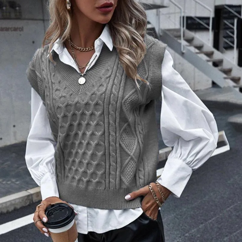 Kadın Sweaters Fashion Breppy Style Sleeless Seater Sweater Zarif Seksi Örgü Tank Top V-Gell Vintage Pure Renk All Match