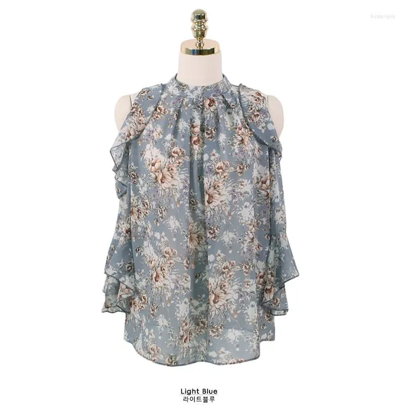 Damenblusen, mädchenhaftes Gefühl, gekräuselt, schulterfrei, hängender Hals, Chiffon-Hemd, weiblich, Sommer, koreanisches Design, Nische, halbärmeliges Blumen-Oberteil