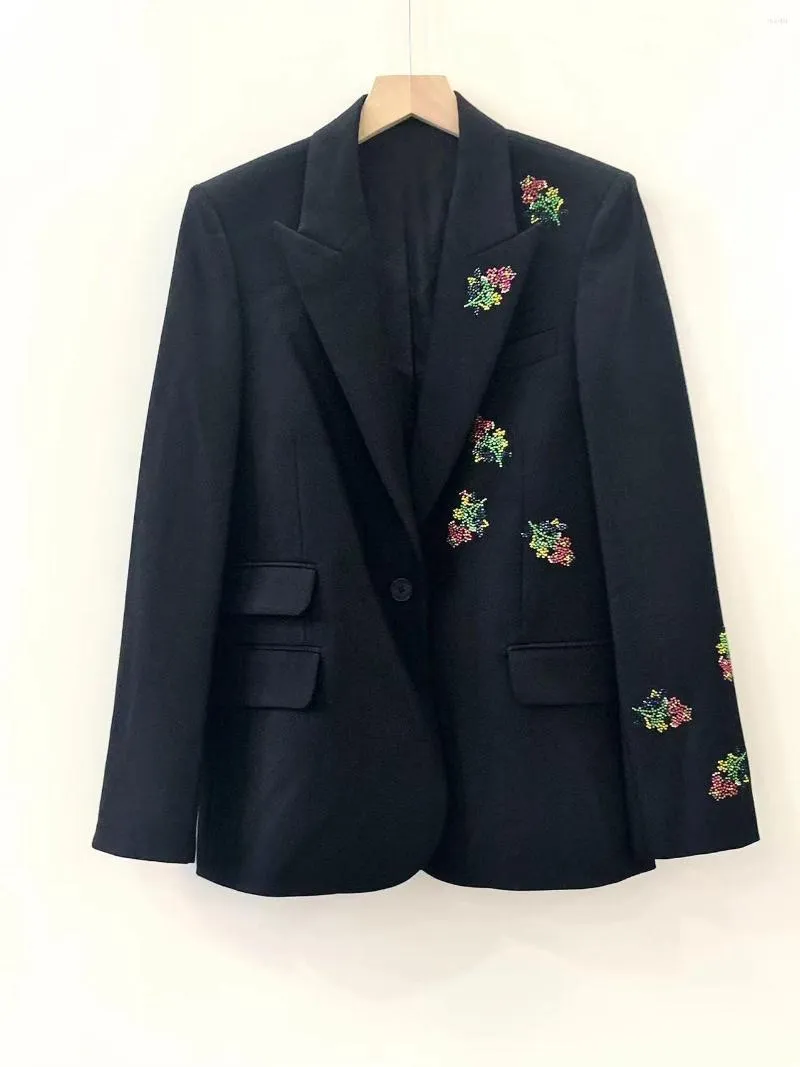 Women's Suits 2022 Autumn Winter Zadi Black Single Button Floral Rhinestones Long-sleeved Office Lady Blazer Coat