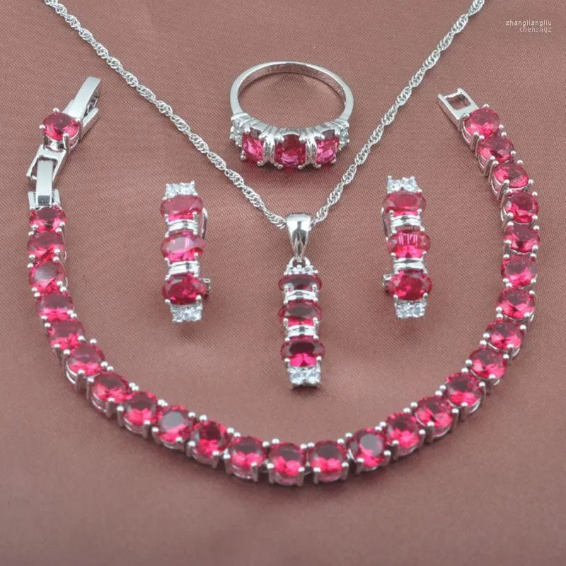 Brincos de colar Conjunto fabuloso rosa vermelho zirconia presentes para festas femininas pingente de pulseira de prata anel yz0155