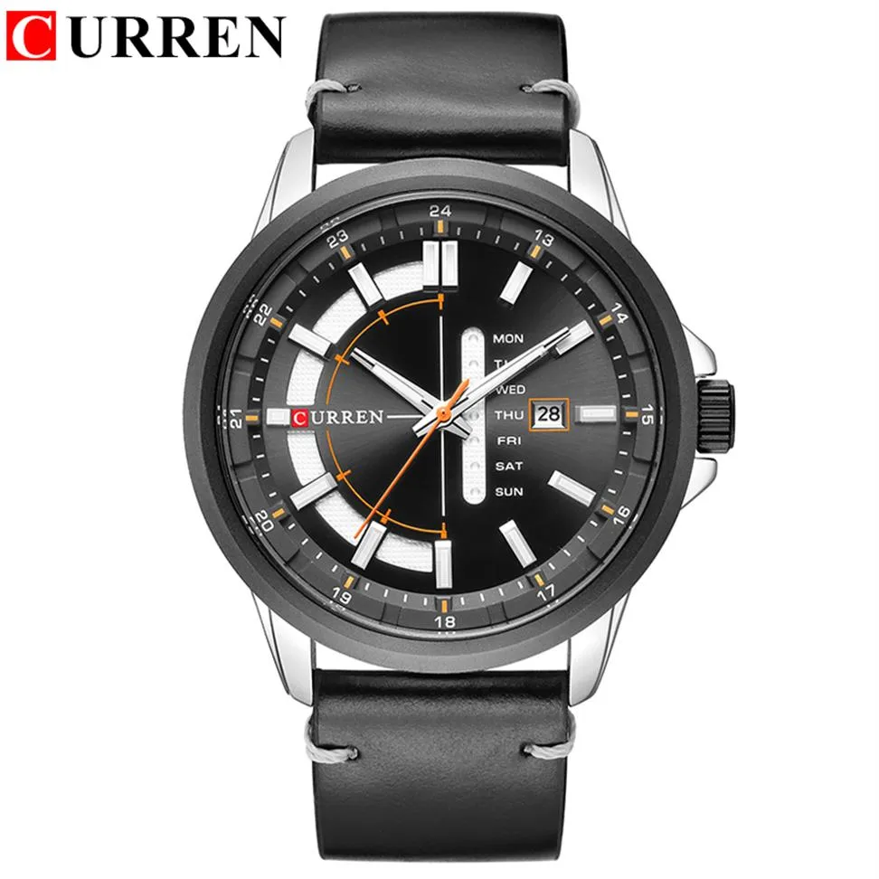 cwp 2021 CURREN Casual cinturino in pelle da lavoro orologi da polso classico orologio da uomo al quarzo nero con data e settimana impermeabile 267b