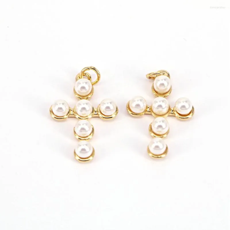 Pendant Necklaces 10Pcs Fashion Small Pearl Beads Cross Charms White Shell Gold Plated Brass Jewelry