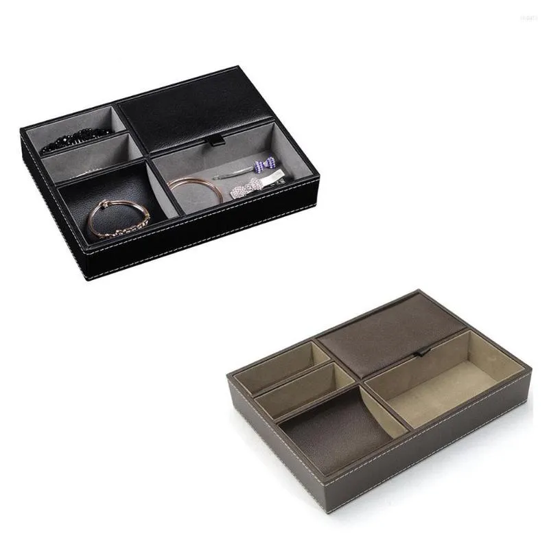 Smyckespåsar svart / brunt bricka arrangör läder nattduksbedömning topplåda med 5 fack för tillbehör plånbok telefonnycklar