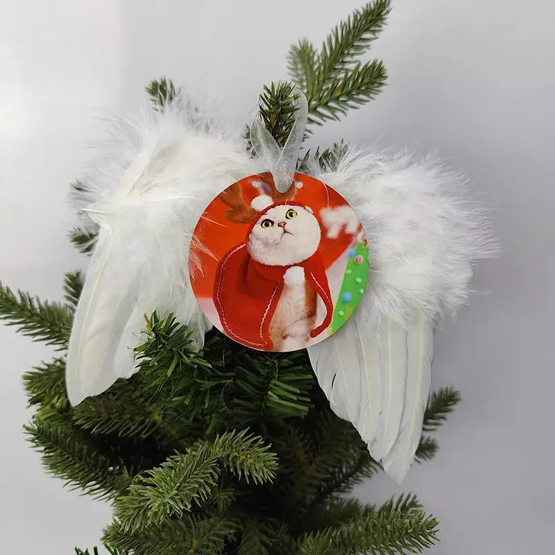 Sublimación de la pluma de navidad colgante blanco en blanco mdf transferencia de calor decoraciones navideñas 2.8 pulgada corazón doble lado para sublimación por aire a12