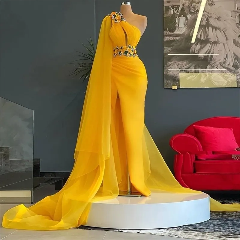 yellow formal dress plus size High-Quality One-Shoulder Yellow prom dresses 2023 with Appliques and Slit WTXUE Long Sleeve Dress Glamrae Plus Size Elegant Yellow