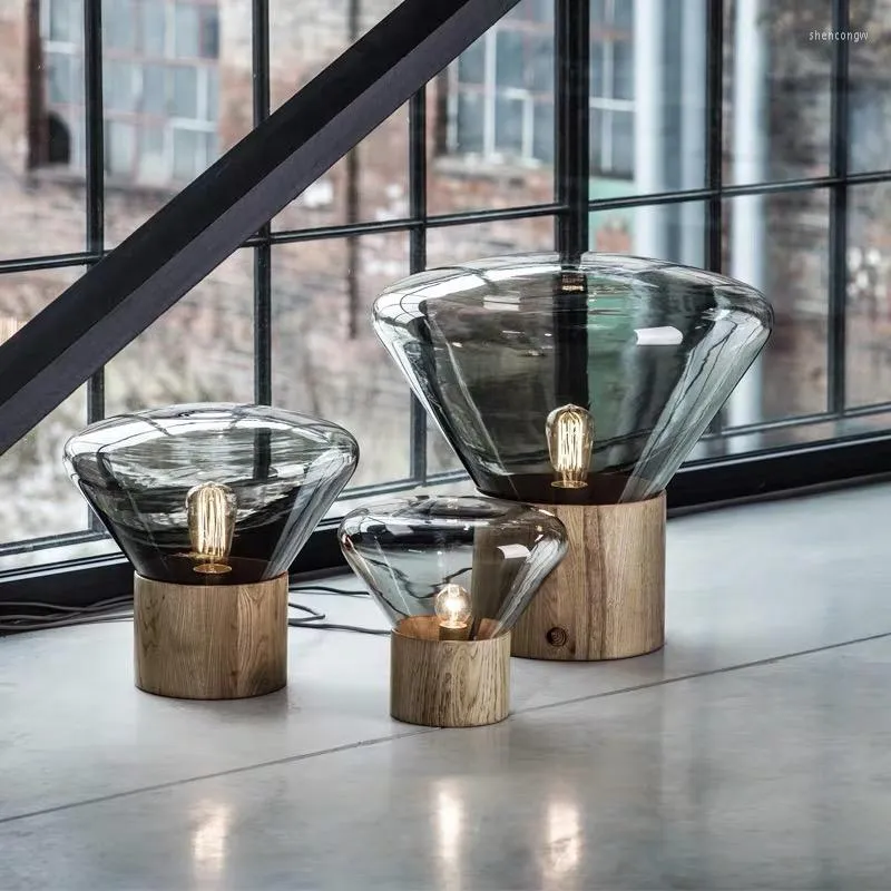 テーブルランプシンプルなガラスランプデザイナーリビングルームベッドルームのための木製穀物デスクトップデスク