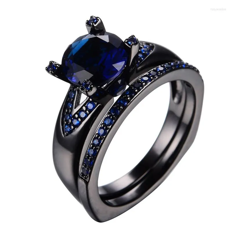 Anneaux de mariage bleu rond zircon bague de fiançailles ensemble pour femmes vintage noir or rempli double ensembles de mariée femme bijoux cadeaux