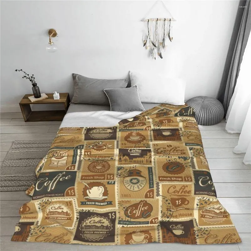 Blankets Vintage Coffee House Stamps Flannel Blanket Customized Throw For Home 200x150cm Quilt