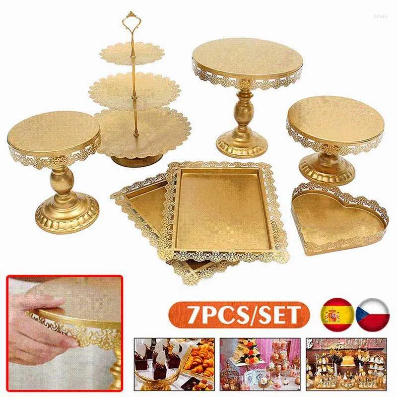 Bakeware Tools Gemitto 7pcs Kek Stand Seti Altın Beyaz Metal Kristal Tatlı Ekran Kaide Cupcake Standart Düğün Partisi