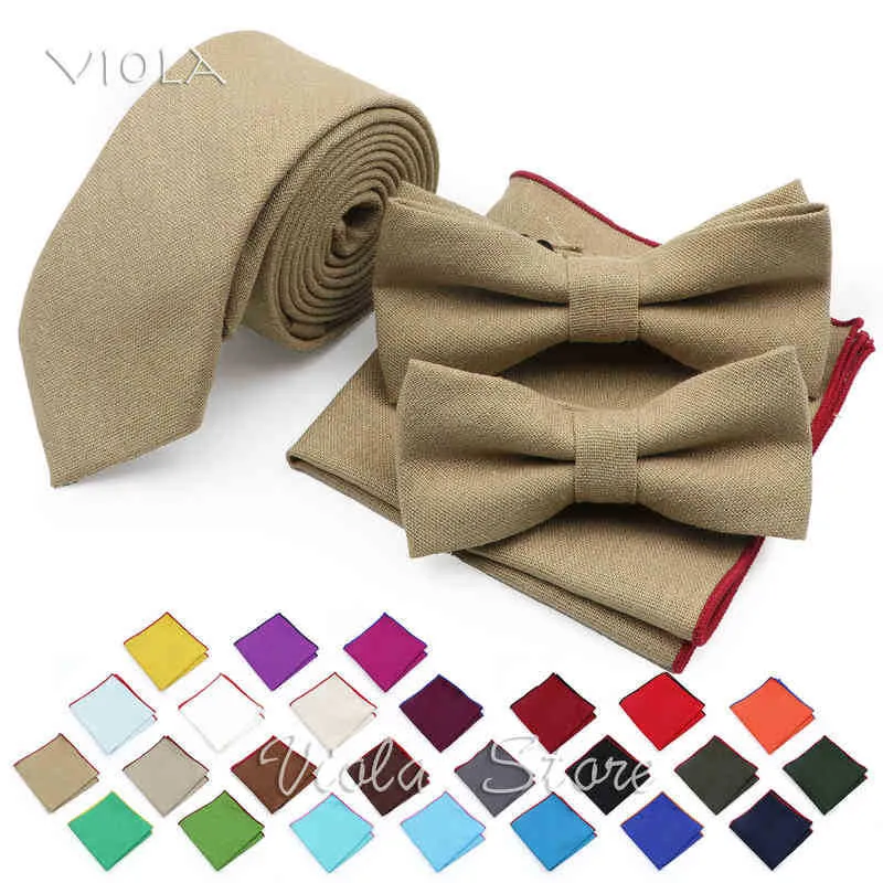 Vintage Solid Linen 6Cm Tie Sets Red Blue Wedding Bowtie Handkerchief Narrow Tie Party Gift Tie For Men Shirt accessory J220816