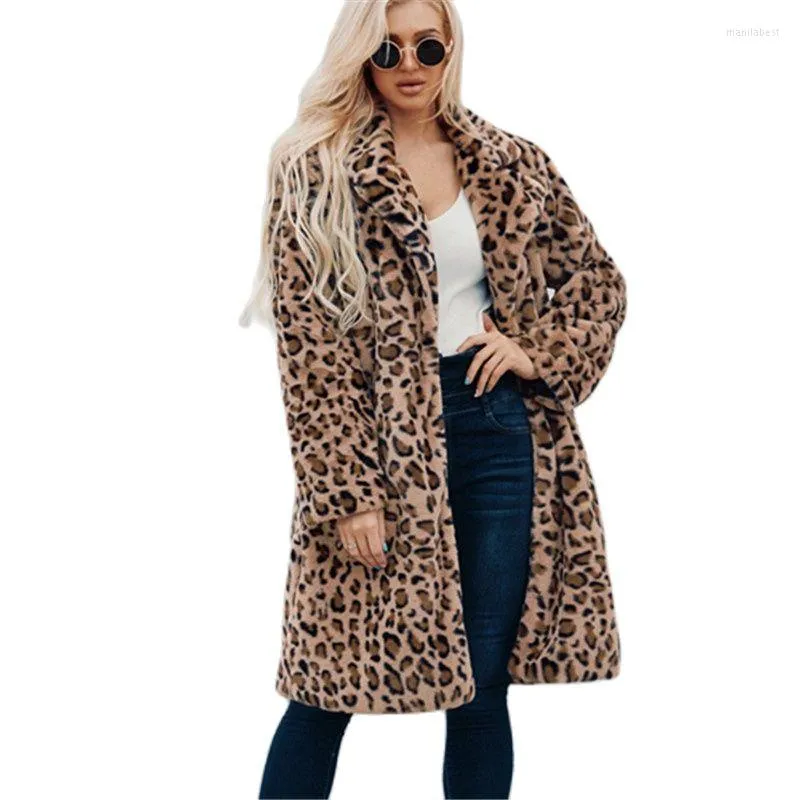 Pelliccia da donna F0208 Moda Abbigliamento invernale Taglie forti Lunga stampa leopardata Colletto in finto Cappotto Trench casual da donna