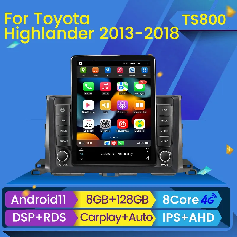 CAR DVD Radio Android Player för Toyota Highlander 3 XU50 2013-2018 Tesla Style Audio Multimedia Video Navigation GPS 2DIN