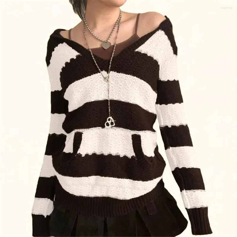 Women's Sweaters Women Casual Thickened Hooded Sweater Fashion Striped Color Block Long Sleeve Knitted Hoodies Pullover 2022 Autumn Winter