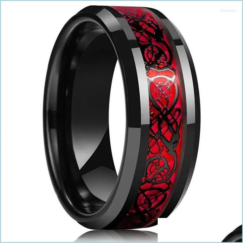 Eheringe Eheringe 8mm Herren Edelstahl Celtic Dragon Ring Inlay Rotgrün schwarzer Kohlefaserband Schmuck für Mann Größe Dhunm