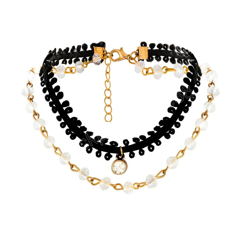 Chaîne de corde noire avec collier ras du cou court en cristal pour femmes collier de chaîne en couches à la mode bijoux de mode accessoires cadeaux