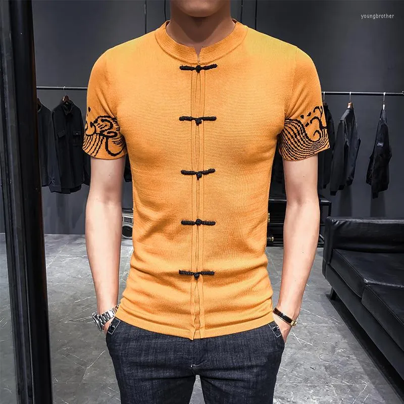 Männer T-shirts Stricken Pullover Chinesischen Stil Taste Hülse Seite Jacquard Weben Mann Selbst-anbau Kurze Camisetas Hombre