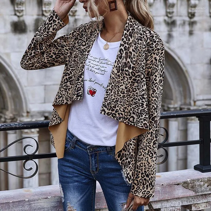 Kvinnorjackor Fashion Women's Lads Long Sleeve Turndown Collar Open Front Coats Casual Leopard Tryckt Oregelbundna jackor