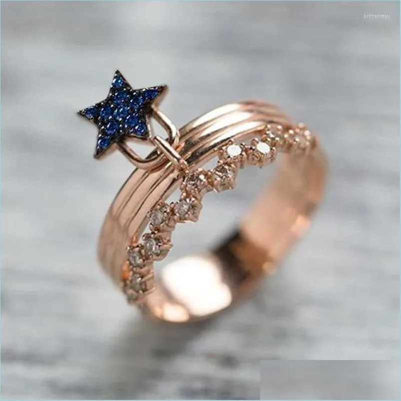 Wedding Rings Wedding Rings Blue Star For Women Cubic Zirconia Rose Gold Color Finger Engagement Female Jewelry Accessories Giftwedd Dhrp8