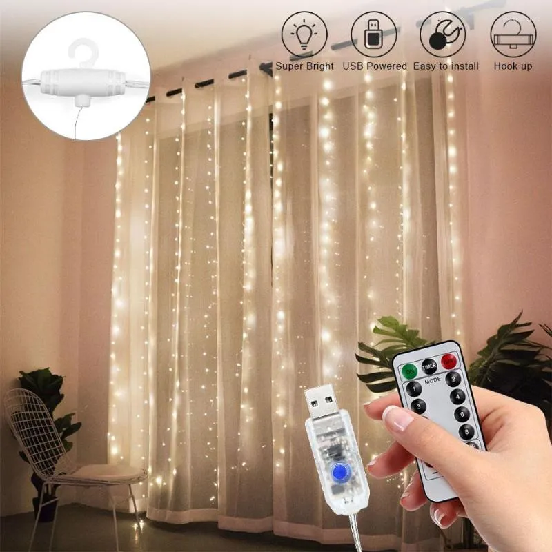 Strings 3x3M USB LED Gordijntekenslichten Kerst Fairy Helderheid Verstelbaar voor Huisdecoratie voor bruiloftsfeestje Holiday Home