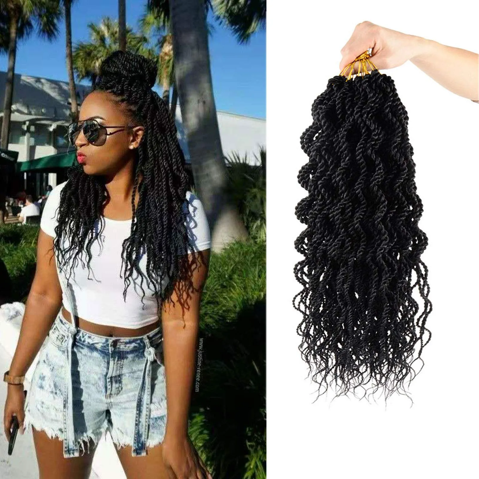 18 pulgadas Curly Twist Crochet Hair Ondulado Senegalese Twist Crochet Hair Trenzas Trenzas Extremos ondulados Extensiones de cabello sintético LS32