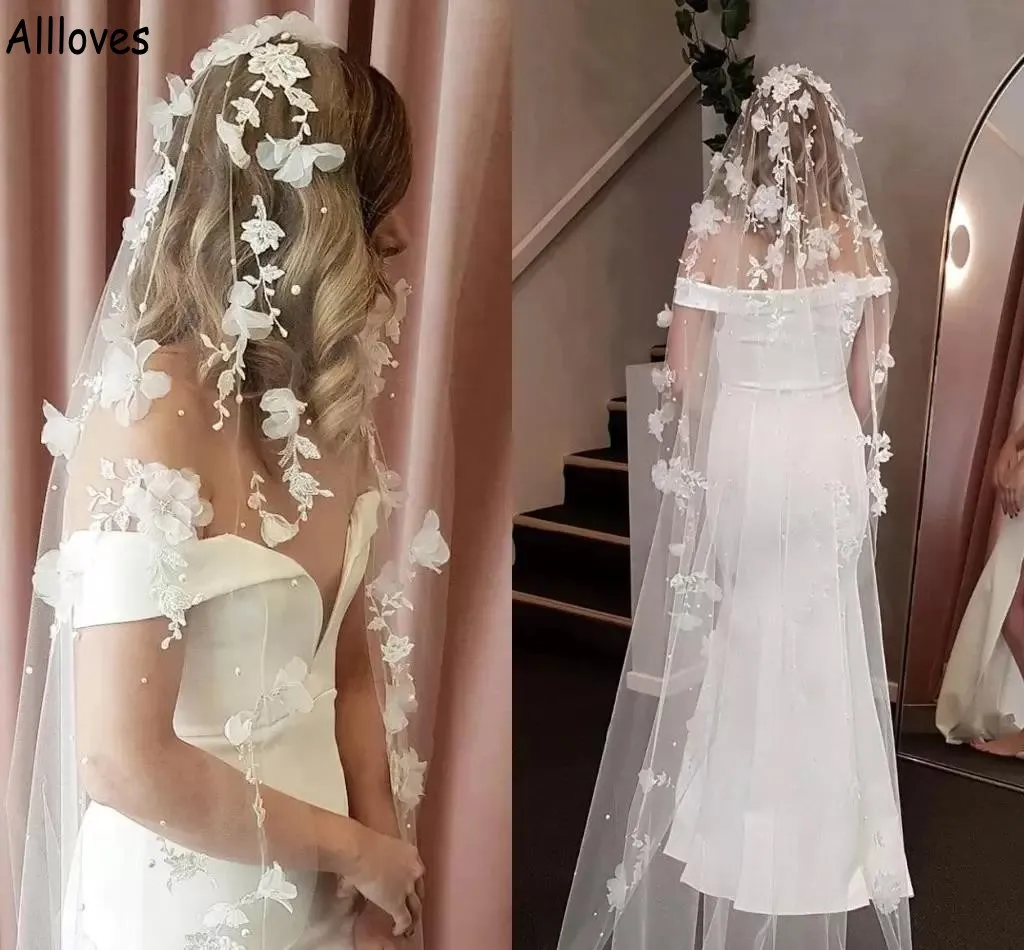 Veli da sposa in pizzo floreale 3D per spose con fiori di perle Copertura per il viso Cattedrale cadente Uno strato Velo da sposa di lusso Veu Accessori per capelli lunghi da donna CL0546