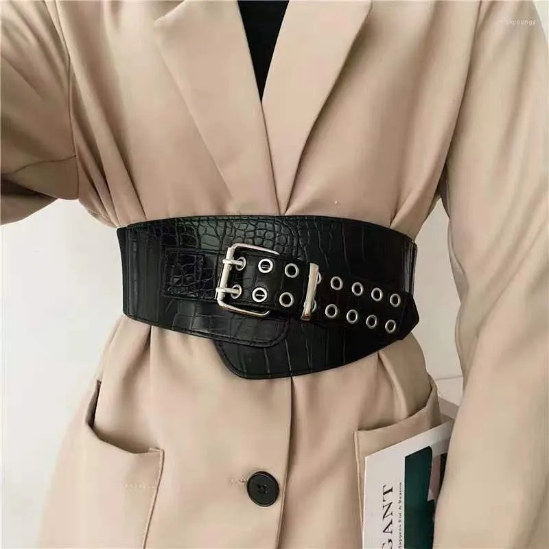 Ceintures Mode Femmes Extra Large Élasticité Ceinture À Double Boutonnage Imitation Cuir De Crocodile Ceinture Sauvage Robe Manteau Décorer Ceinture