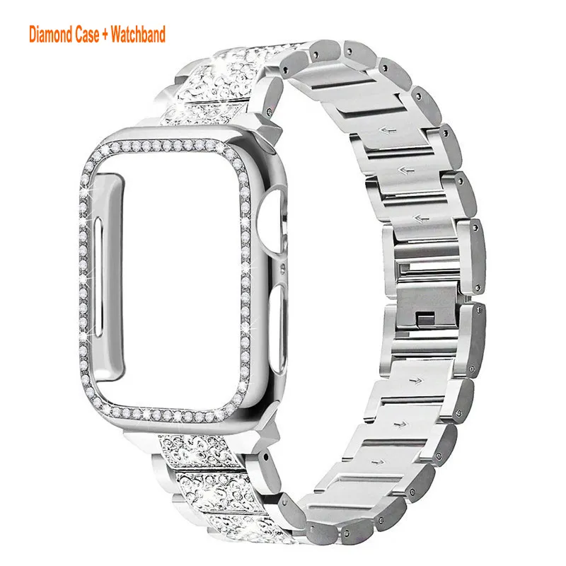 Secbolt Diamond Rhinestone bling Cases for Apple Watch Band 38mm 40mm 41mm 42mm 44mm 45mm Women Iwatch Se Series 8 7 6 5 4 3 2 1 Mary Jewelry Metal Strap