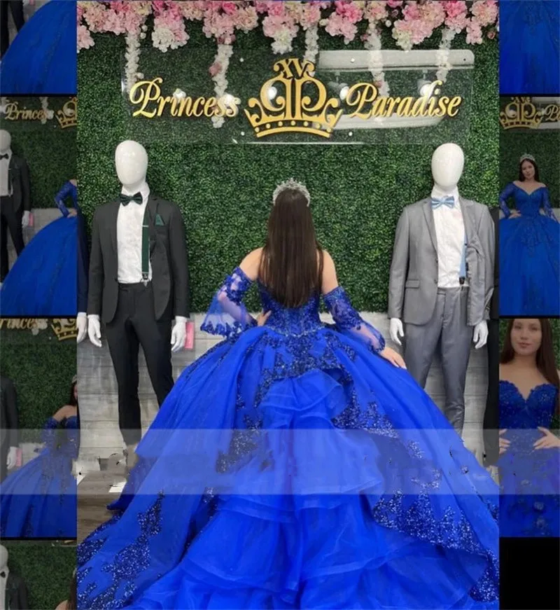 Sparkly Royal Blue Ball Gown Quinceanera Dresses 2023 Sequins Applique Sweet 16 Dress Birthday Party Vestidos De 15 Anos