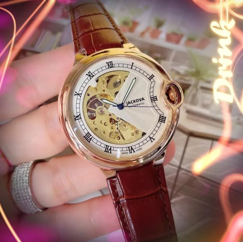 Popolare orologio da uomo scheletro cavo grande movimento meccanico automatico da 48 mm cinturino in vera pelle orologio da polso con specchio di cristallo importato a carica automatica Montre De Luxe