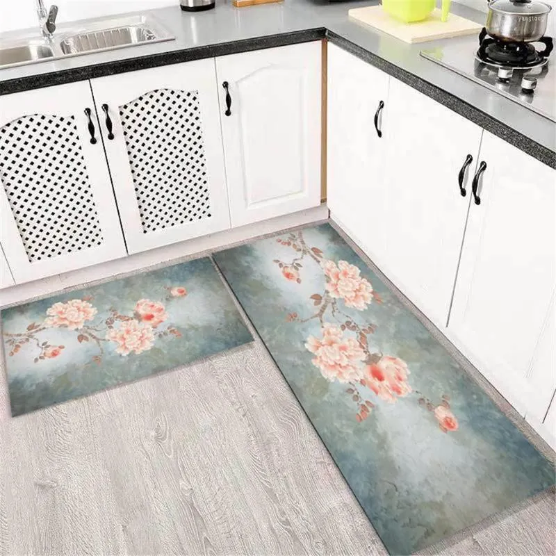 Tapis Style chinois Floral gris Long tapis de cuisine flanelle tapis de sol pour salle de bain maison entrée canapé tapis balcon tapis moderne