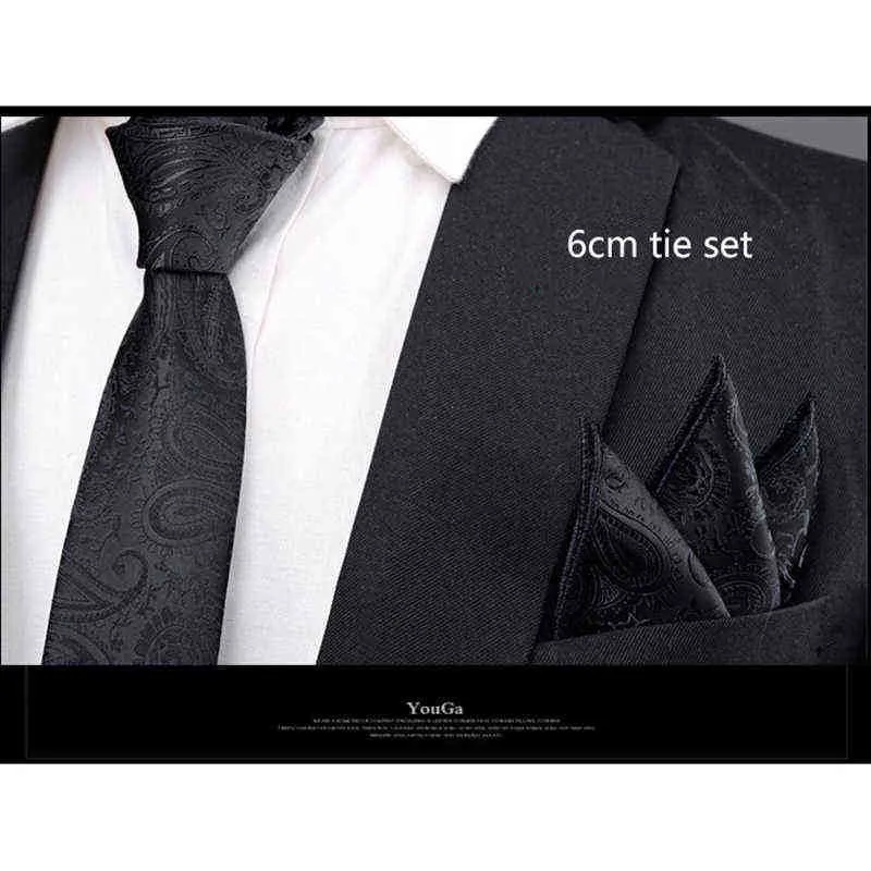 패션 6 cm 넥타이와 손수건 세트 레드 블랙 페이즐리 줄무늬 자카드 포켓 스퀘어 넥타이 남성용 사업 웨딩 선물 J220816