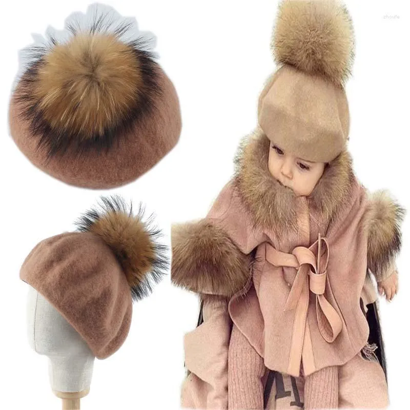 Berets kinderen echte pels pom voor kinderen meisjes winter baby warme dikke wol baret hoed pompoen kunstenaar Frans met pompom