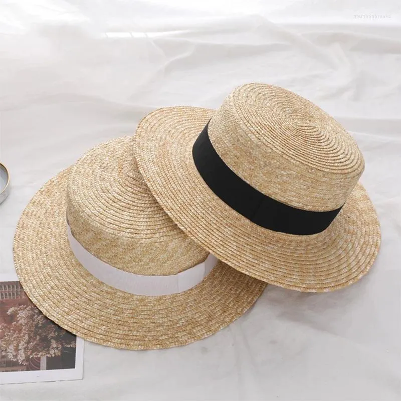 Beretten 2022 Zomer Women Wide Ram Hat Fashion Chapeau Paarle Lady Sun Hats Boater Wheat Panama Beach Chapeu Feminino Caps