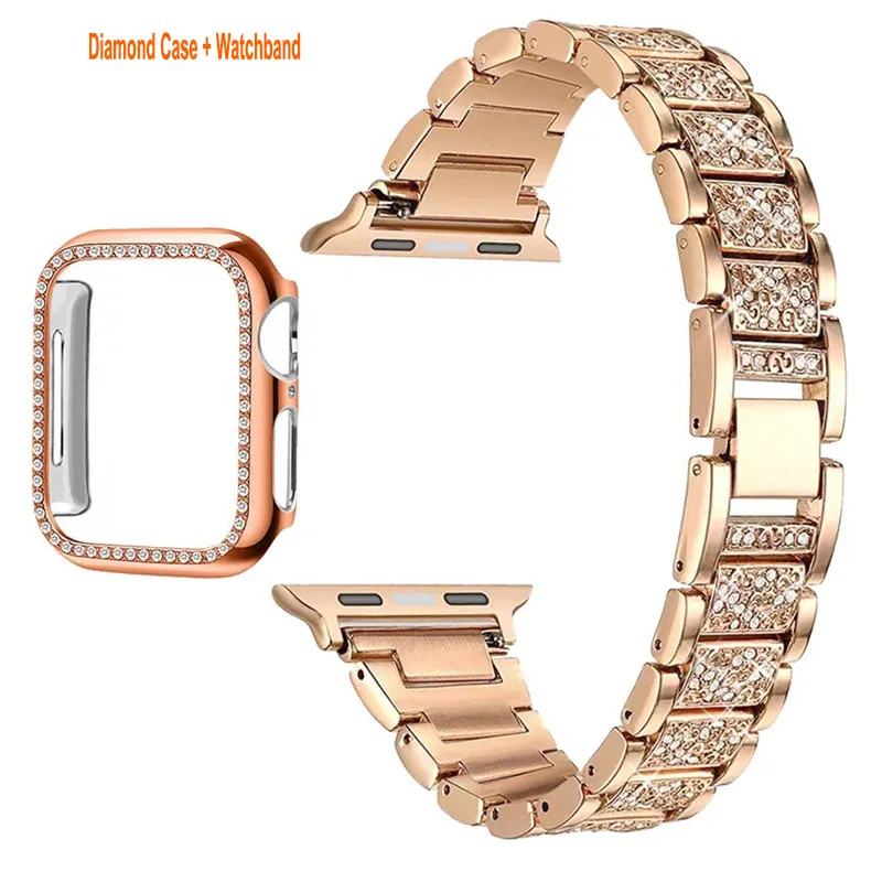 Stainless Steel Mesh bands Cases Compatible For Apple Watch 45mm 44mm 42mm 41mm 40mm 38mm Women Bling Protective Diamond Case with Loop Strap i watch Series 7 6 5 4 3 2 1 S8