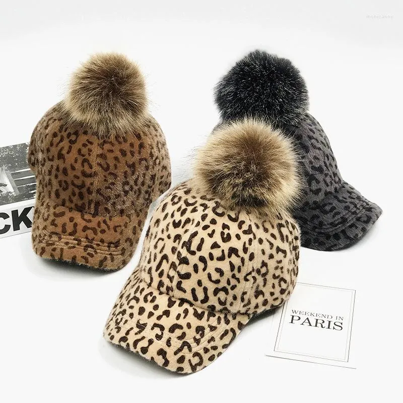 Ball Caps Женщина девочка Leopard Baseball Hat Осень зимняя норка для волос Snapback Pom