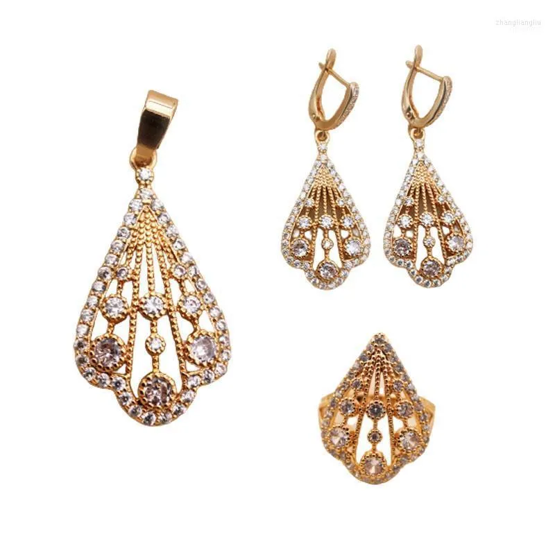 Necklace Earrings Set & Trendy Wedding Fashion Accessories White Stone Zircon Women Luxury Dangle Gold Rings Pendent