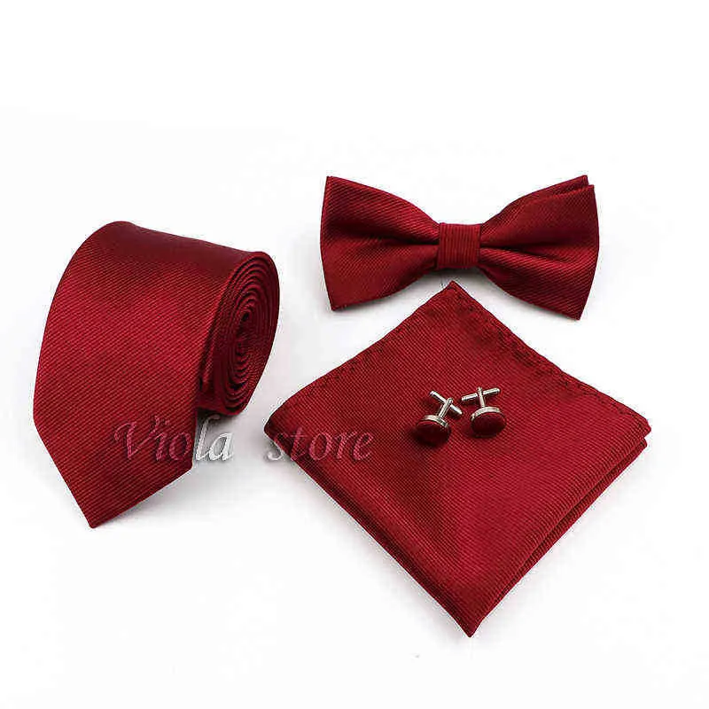 4 st slipset set Solid Bordeaux Navy 8cm Tie Bowtie näsduk manschettknappar polyester mäns kostym bröllop fest das tillbehör j220816
