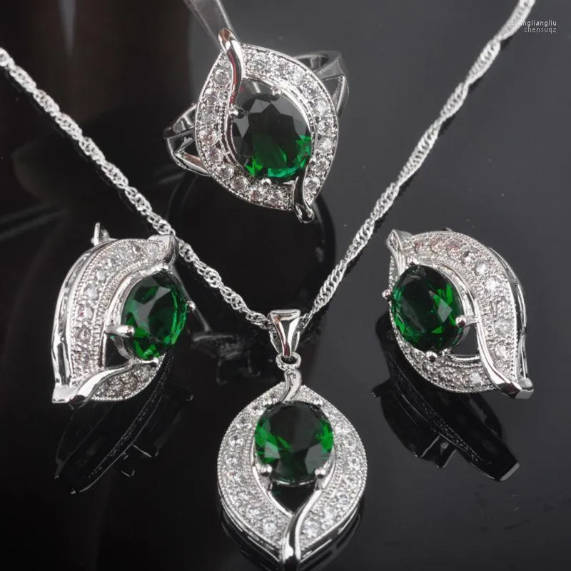 Necklace Earrings Set & Eye Design Bridal Women's Wedding Silver Color Green Crystal Ring And QZ0234