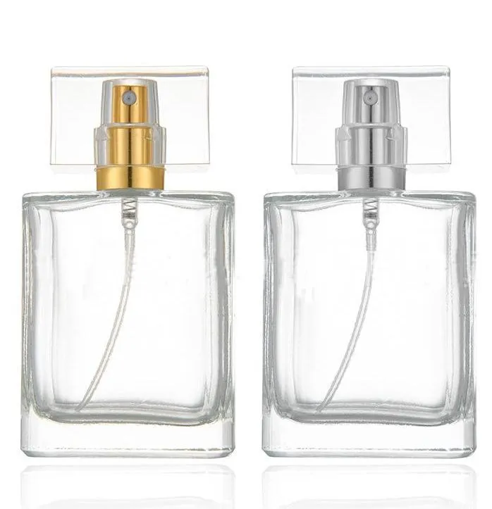 Bouteille de parfum carrée en verre 30ml 50ml, flacon pulvérisateur vide transparent avec capuchon en or et argent SN777